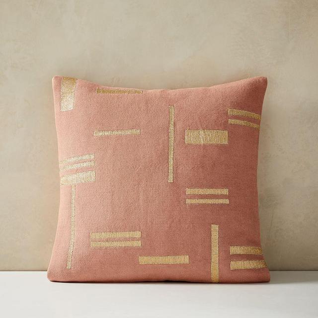 Embroidered Metallic Blocks Pillow Cover, 20"x20", Pink Stone