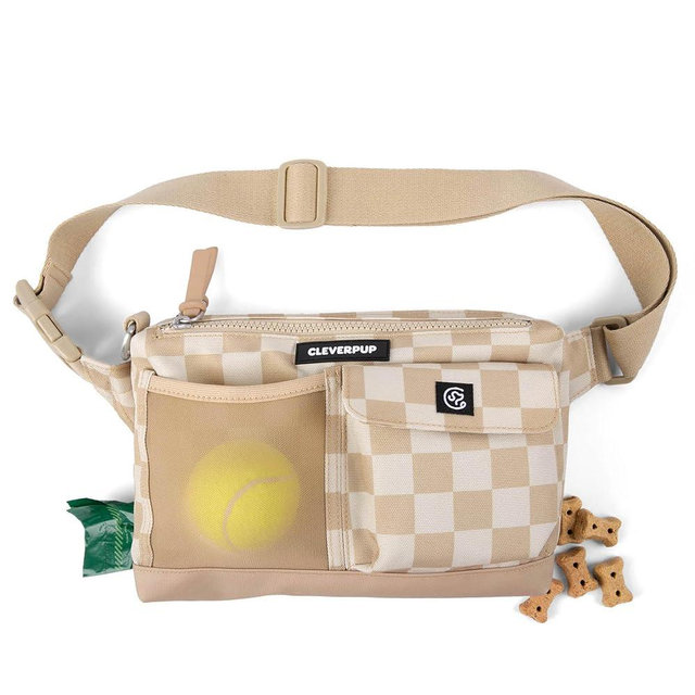 Cleverpup, Dog Walk & Train Sling Bag - Hands-Free 2-in-1 Treat Pouch, Poop Bag Holder, Clicker, Phone Pocket - Crossbody/Fanny Pack, Adjustable Strap - Checkerboard