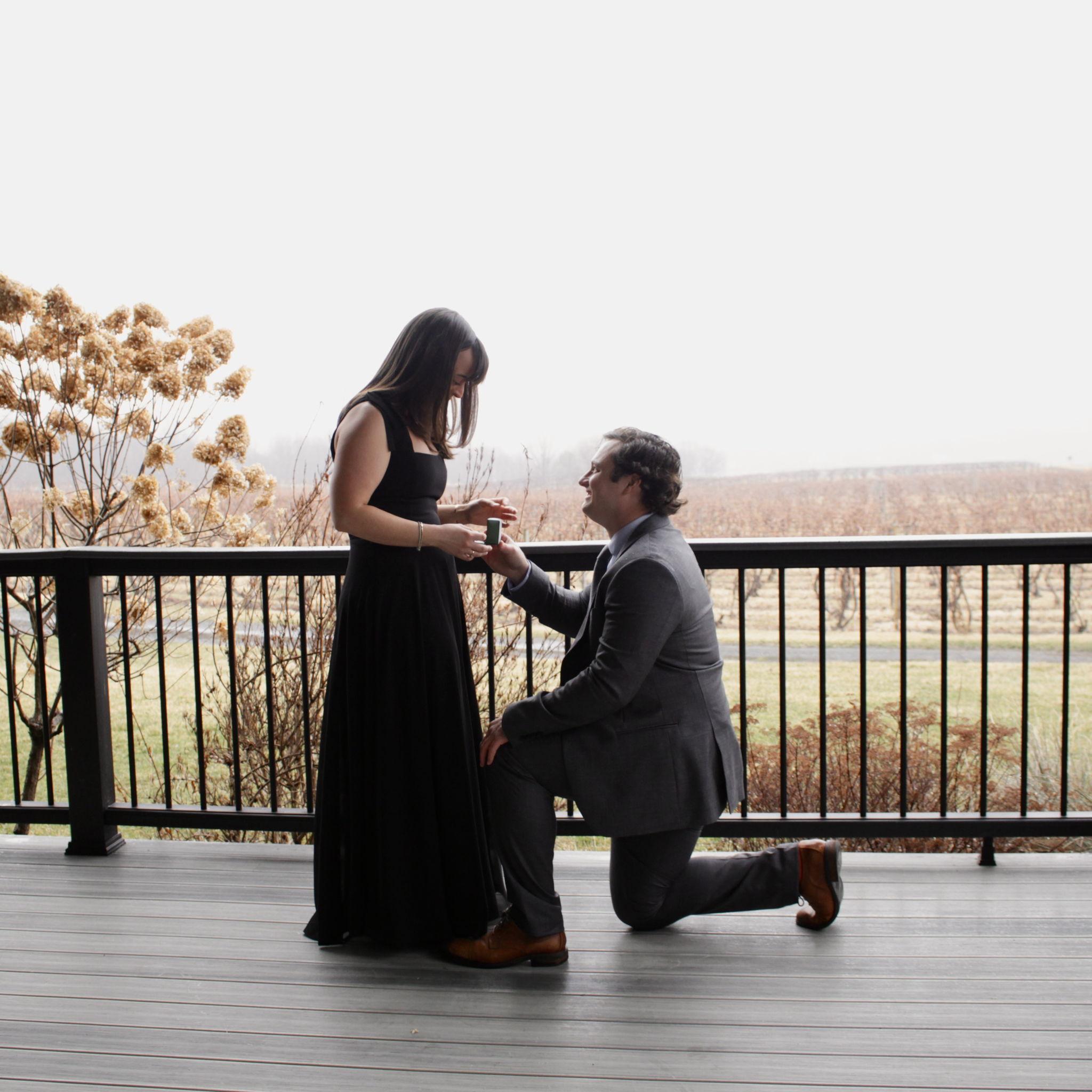 Josh proposed on March 28, 2025 at Lakewood Vineyards in Watkins Glen, New York. He and his friends disguised the proposal as a stop for group pictures before a formal fundraiser!