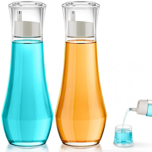VITVITI Glass Mouthwash Dispenser for Bathroom, 8.8OZ Mouth Wash Container Bottle with Lid Cup, Small Clear Refillable Mouthwash Dispenser Decanter for Countertop, Set of 2