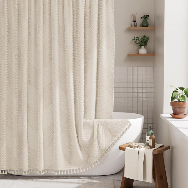 AmazerBath Boho Farmhouse Shower Curtain with Tassels, Soft Cloth Beige Shower Curtain Set, Herringbone Chevron Minimalist Fabric Rustic Shower Curtain with Hooks, Hotel Quality, 72x72 Inches