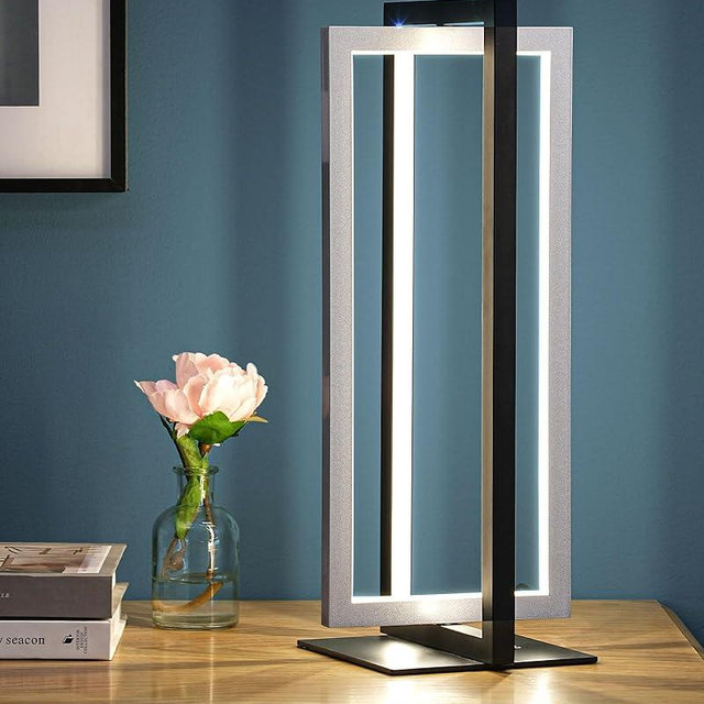 EDISHINE Modern LED Table Lamp, 750LM Stepless Dimmable Bedside Lamp, 3 Color Temperature, Touch Switch Control Nightstand Lamp for Living Room Bedroom, Dual-Frame Rectangle, Angle Adjustable