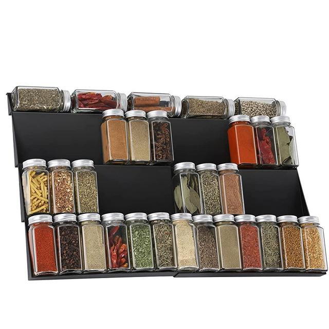 Adjustable Spice Rack, Expandable Plastic Tray Drawer Organizer 12" to 23" Stackable Tray, 4 Slanted Tier Spice Storage Organizer Insert, for Spice Jars, Vitamins, Seasonings Kitchen Drawer Cabinet