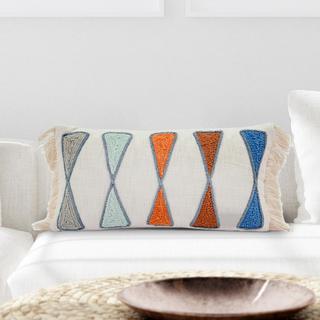 Embroidered Cotton Lumbar Pillow with Fringe