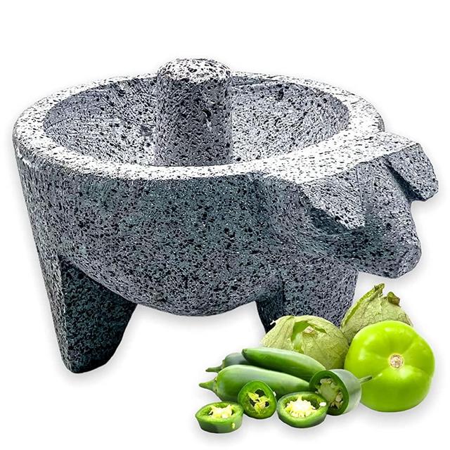 Amantoli - Handcrafted Genuine Pig Design Mexican Mortar (Molcajete) & Pestle | Volcanic Natural Stone - Lava Rock | Durable and Long-lasting. Perfect For Salsas, Guacamole & Mexican Dishes. (8.5'')