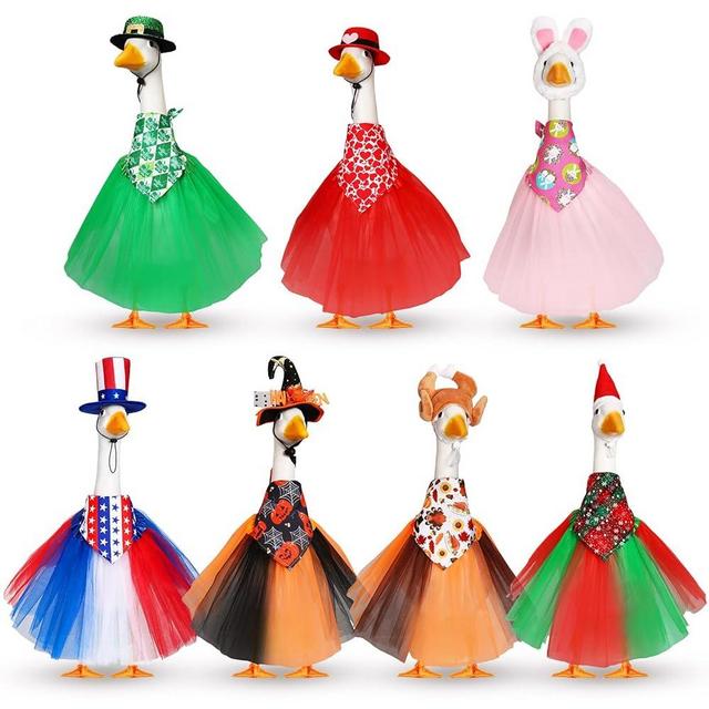 Locmeo 7 Set Holiday Porch Goose Outfits for 23 Lawn Plastic Goose 4th of July Halloween Thanksgiving Christmas Lawn Costume Hat Tutu Skirt Bandanna for Patio Yard Decor