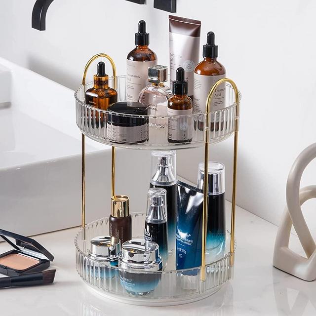 360° Rotating Makeup Organizer, Bathroom Makeup Carousel Spinning Holder Rack, Large Capacity Cosmetics Storage Box Vanity Shelf Countertop, Fits Cosmetic, Perfume, Lotions Skin Care, Makeup Brushes, Lipsticks(2 Tiers, Clear)