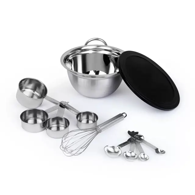11 Piece Kitchen Mixing & Measuring Set, Stainless Steel Mixing Bowl, Measuring Cups, Spoons, and Whisk, For Cooking And Baking