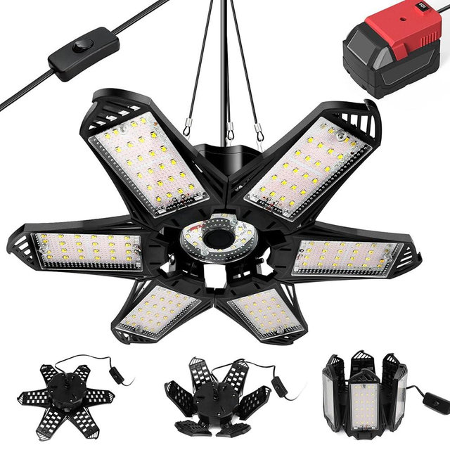 LIVOWALNY LED Work Light Compatible with Milwaukee 18V Battery, 68W 6800LM LED Garage Flood Lights with 6+1 Deformable Panels, Battery Powered Pendant Ceiling Light for Shed Workshop Garage Home