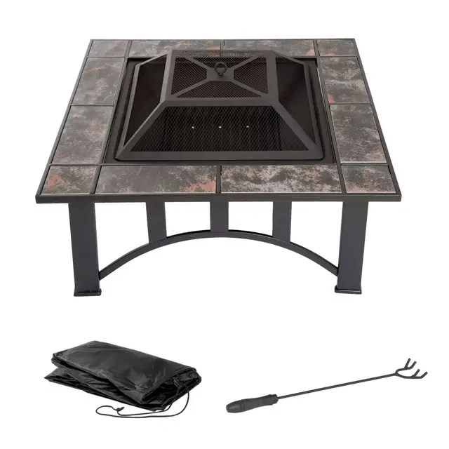 Pure Garden Wood Burning 33-Inch Square Marble Tile Fire Pit in Black Orange