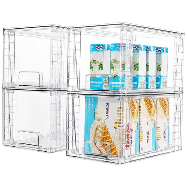Vtopmart 4Pack Large Stackable Kitchen Pantry Storage Drawers, Clear Organizer Bins with Handles, Acrylic Drawer Organizers for Kitchen Pantry, Bathroom Undersink, Cabinet Organization and Storage