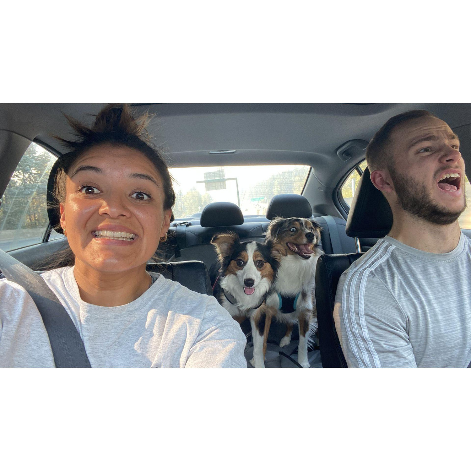 Just after I proposed, we got a wild fire warning and had to evacuate! This is us in the car after fleeing from the fires!