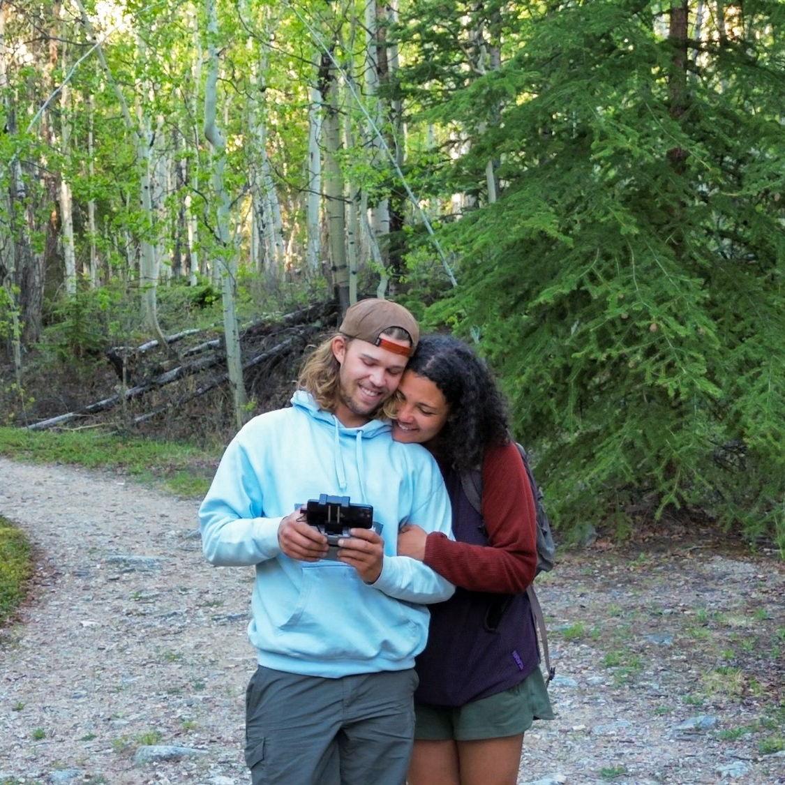 Our first non-selfie picture together, taken with Alex's drone!