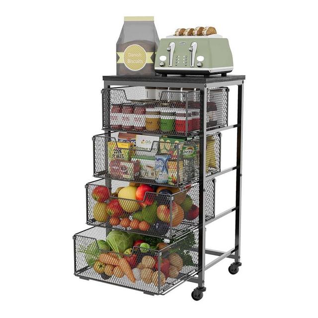 4-Tier Fruit Vegetable Storage Cart - Kitchen Organizer and Storage Cart with Wheels, Wooden Top Metal Wire Fruit Vegetable Rack Stand with Drawers to Storage Onions Potatoes Cans Snacks for Kitchen