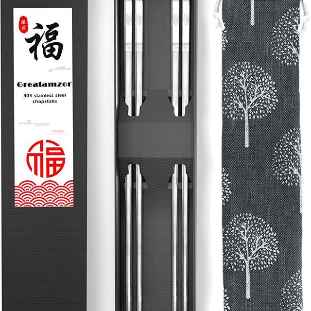 Metal Chopsticks 304 Stainless Steel Chopsticks Reusable Dishwasher Safe Square Japanese Chinese Korean Chop sticks for Cooking Eating with Travel Carrying Cotton Bag Gift Set, 9 1/2 Inches (2 Pairs)