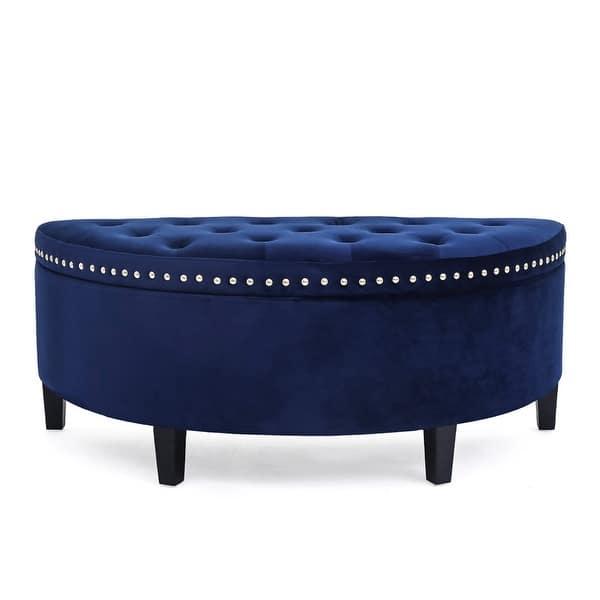 Adeco Distressed Faux Leather / Tufted Velvet Storage Ottoman Bench - Navy Velvet