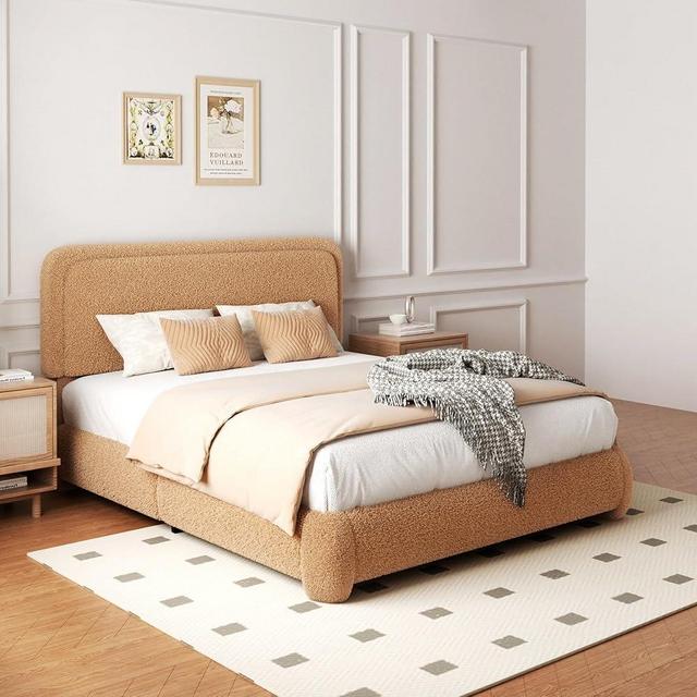 Queen Size Boucle Bed Frame with Adjustable Headboard, Upholstered Cloud Platform Bed, Anti-Collision Soft Rounded Corners, No Box Spring Needed, Easy Assembly, Noise Free, Camel