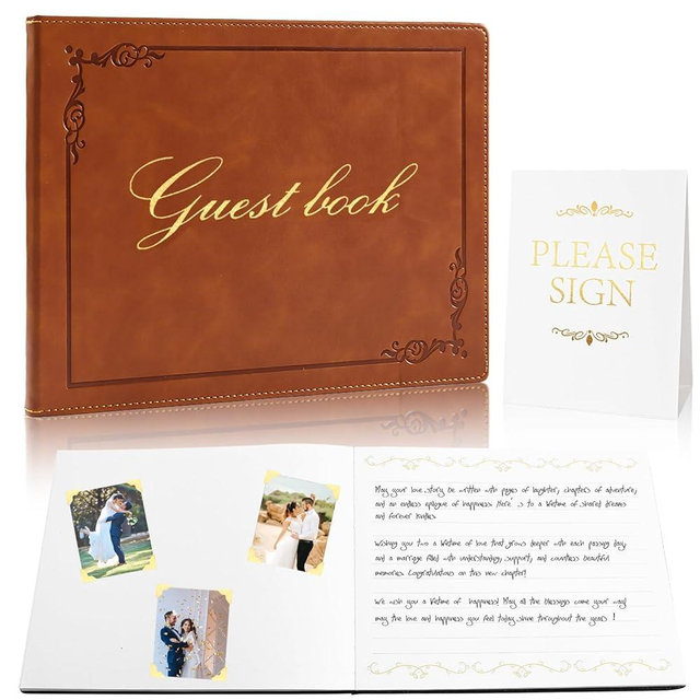 Rolarhola 8x10 Leather Guest Book and Standup Sign Set, Gold Foiled Cover Registry Book for Wedding Reception, Retirement Party, Vacation Homes and Events, 120 Sheets (Brown)