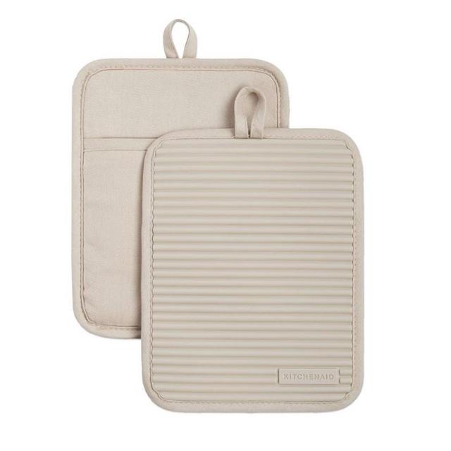 KITCHENAID Ribbed Soft Silicone Pot Holder 2-Pack Set, 7"x9", Milkshake Tan