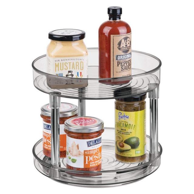 mDesign 2 Tier Lazy Susan Turntable Food Storage Container for Cabinets, Pantry, Fridge, Countertops - Raised Edge, Spinning Organizer for Spices, Condiments - 9" Round - Smoke Gray/Chrome