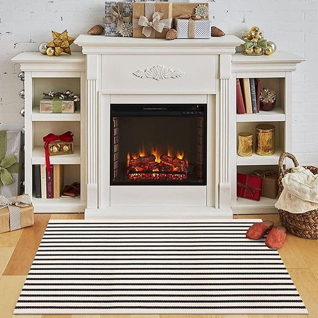 Black Stripe Rug, Collive Farmhouse Cotton Woven Area Rug Layered Welcome Door Mat Doormat, Washable Porch Floor Runner Rug Throw Carpet for Kitchen Outdoor Decoration (3' x 5', Black Strips)