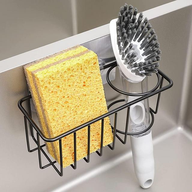 Damita Adhesive Sponge Holder for Kitchen Sink, 304 Stainless Steel Kitchen Sink Caddy, Sink Basket Dish Brush Holder Kitchen Sink Organizer (Black)