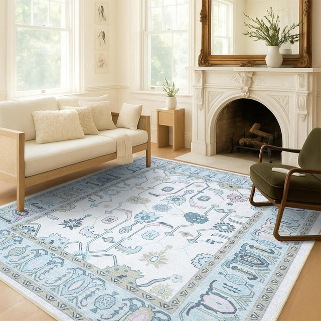 Fame Living Cream Green Oushak Rug, Modern, Vintage, Turkish, Eclectic, Floral, Pastel, Washable, Area Rugs for Living Room, Dining, Bedroom, Nursery, Girls, Boys, 5'9"x8'9"