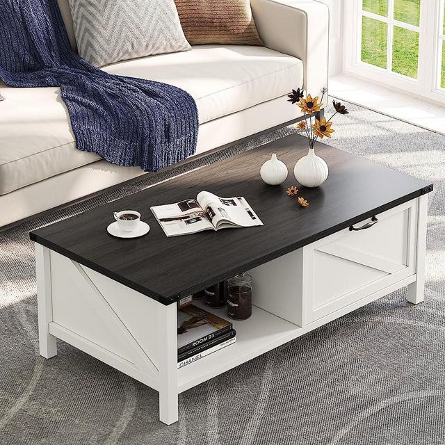 YITAHOME Farmhouse Coffee Table Wooden Cocktail Table,with Cabinets and 2-Tier Storage Open Shelf,Modern Rustic Center Rectangular Tables for Living Room,Home,Office,Living Meeting Room,White & Grey