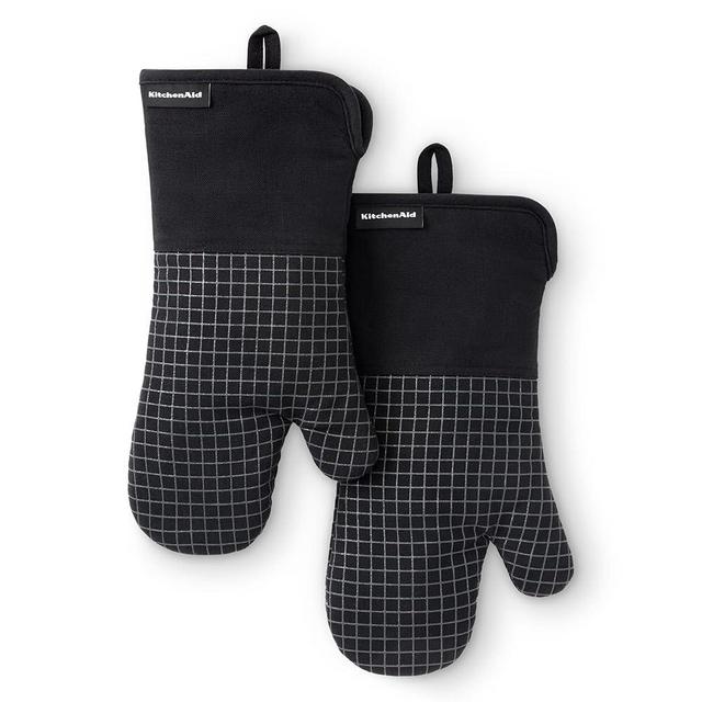 KITCHENAID Gourmet Series Gridlines Oven Mitts 2-Pack Set, Heat Resistant up to 600°F, Soft Silicone Grip, Magnetic Cuff, Matte Black, 7"x14"