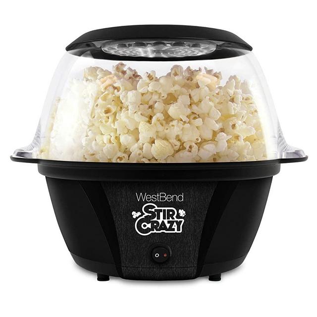 West Bend 82707B Stir Crazy Electric Hot Oil Popcorn Popper Machine with Stirring Rod with Improved Butter Melting Offers Large Lid for Serving Bowl and Convenient Storage, 6-Quart, Black