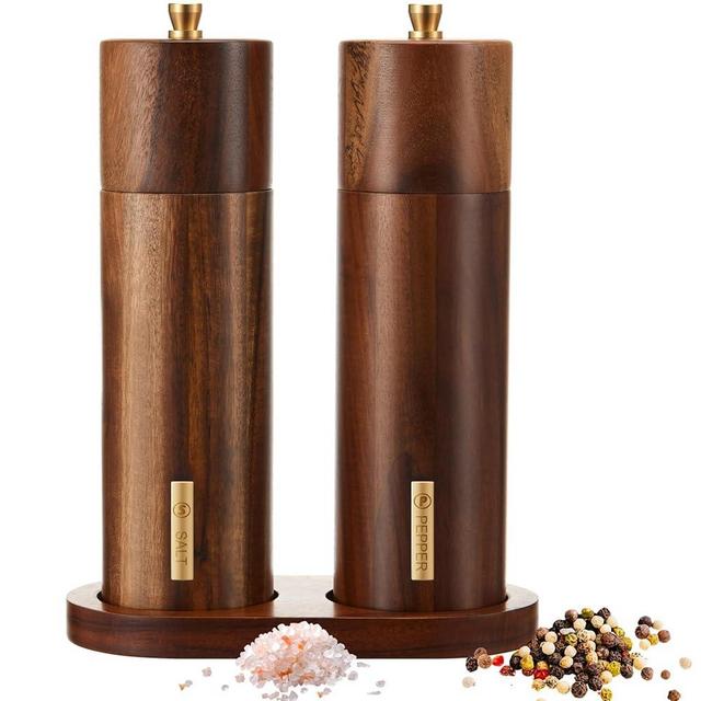 LOYIM Wooden Salt and Pepper Grinder Set 8 Inch Tall Manual Salt and Pepper Mill with Tray Adjustable Coarseness and Refillable Wood Grinders with Gold Bottle Label for Kitchen