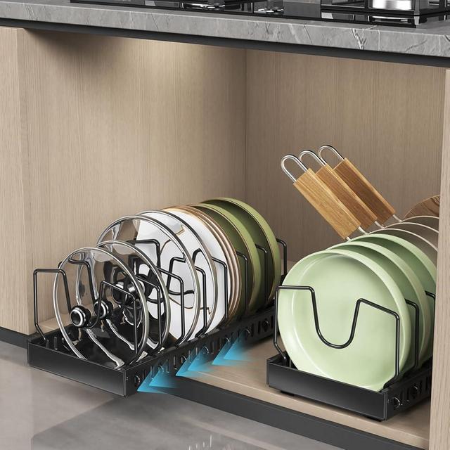 WOSHEN 2 PCS Pots and Pans Organizer Under Cabinet, Pull-out Pots and Pans Organizer, Under Cabinet Pot Lid Holder, Sliding type Pots and Pans Storage with 16 Adjustable Dividers for Kitchen