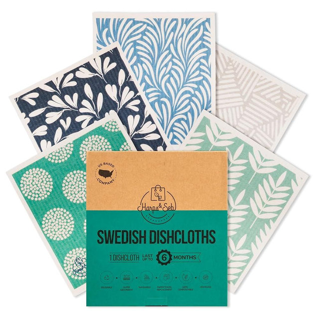 Harps&Seb Swedish Dishcloths for Kitchen Dish Towels - 5 Pack, Non-Scratch Reusable Paper Towels, Super Absorbent Washable Swedish Dish Cloths, No Odor, Biodegradable, Blue Design