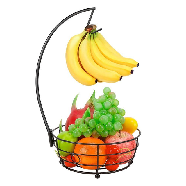 Livabber Countertop Fruit Basket Bowl with Banana Hanger, Modern Standing Fruit Vegetable Bowl Storage, with Banana Tree Holder for Kitchen Dinning Table (Round Metal, Black)