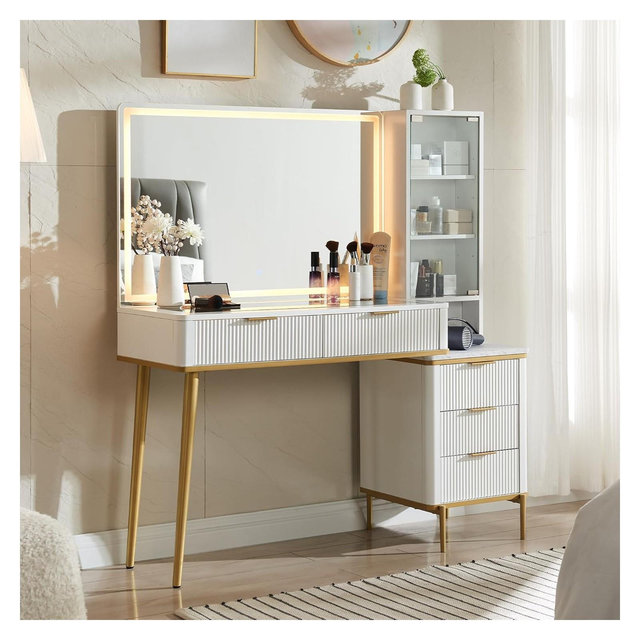 Fluted Makeup Vanity Tables with 36" HD Lighted Mirror, 48" Big Modern Vanity Desk with Glass Top & 5 Drawers & Shelves, Dressing Table, White