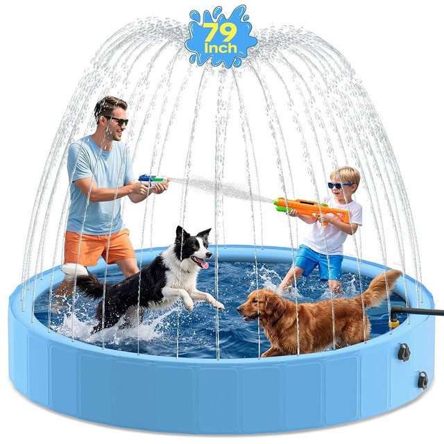 Pechfun 79'' Dog Pool with Sprinkler, Foldable Dog Pools for Large Dogs, 2-in-1 Non-Slip Swimming Pool for Dogs & Kids, Heavy Duty Hard Plastic Pet Bathing Tub for Outdoor Backyard, Blue