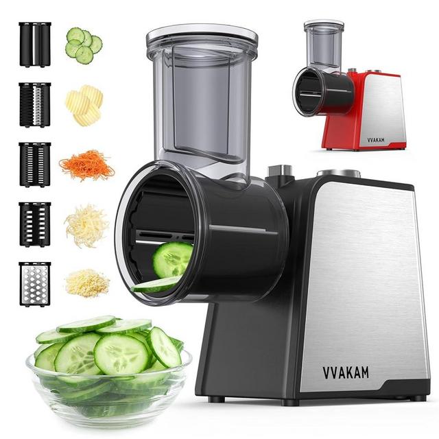 VVAKAM Cheese Grater, 300W DC Motor Electric Rotary Cheese Slicer with 5 Different Shapes of Blades, Salad Shooter for Potato, Nuts, Kitchen Chopper Vegetable Cutter with Non-slip Suction Base, Black