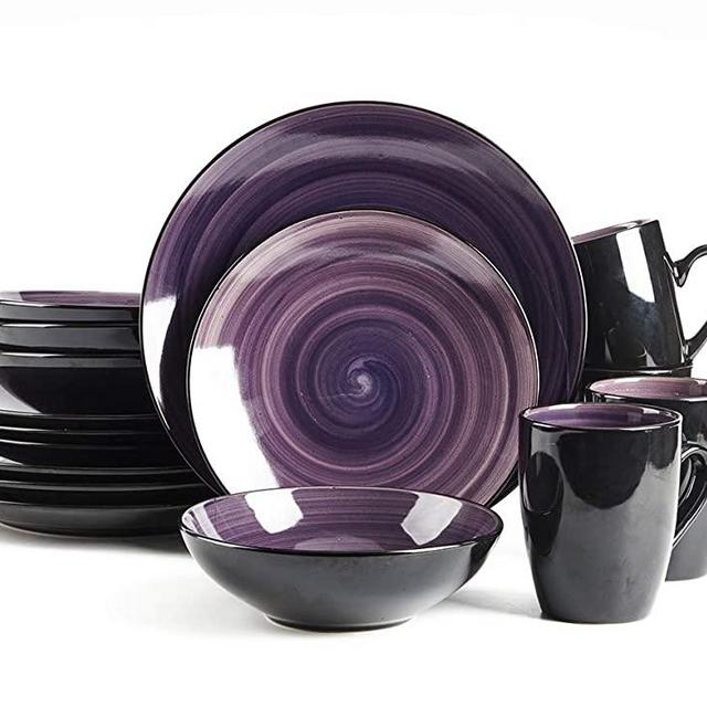 HomeVss Sonoma 16 Piece Stoneware Dinner Set, Outside Black + Inside Handpainted Color Purple with speckle