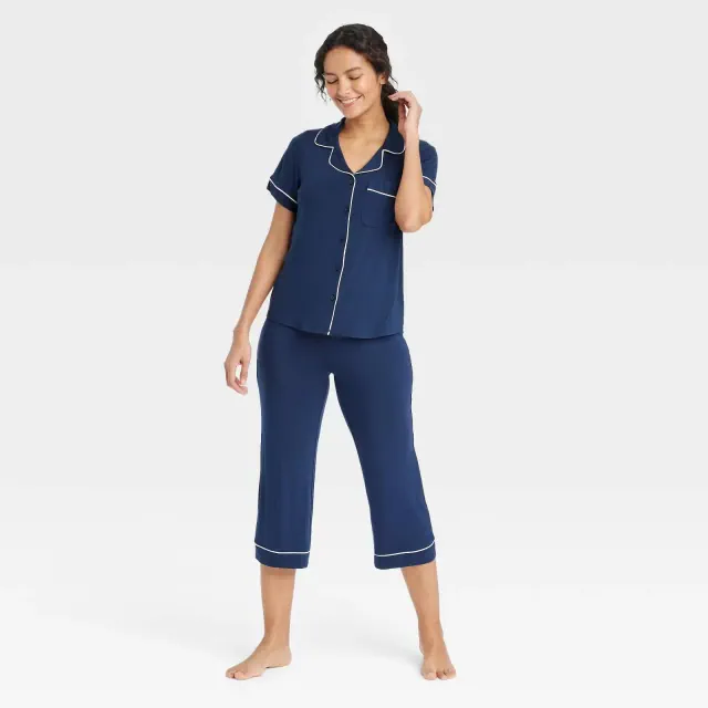Women's Cloud Knit Short Sleeve Notch Collar Top and Cropped Pants Pajama Set - Auden™ Navy Blue L
