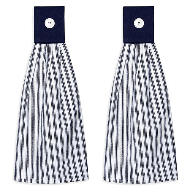 Cackleberry Home Navy Blue and White Ticking Stripe Hanging Kitchen Dish Hand Towel Cotton with Button Accent, Set of 2