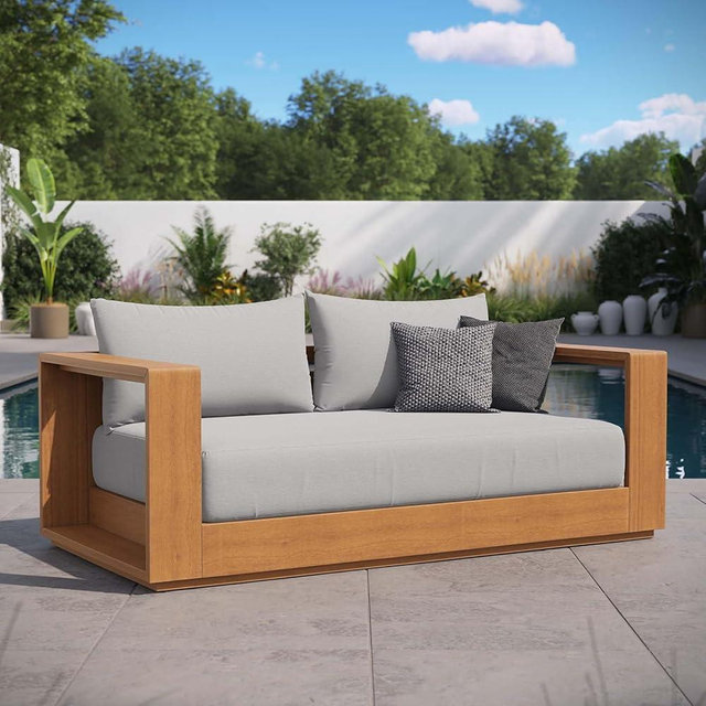 Modway Tahoe Acacia Wood Outdoor Patio Loveseat in Natural Light Gray with Weather-Resistant Cushions - Ideal as a Patio Couch, Outdoor Sofa, or Wood Couch