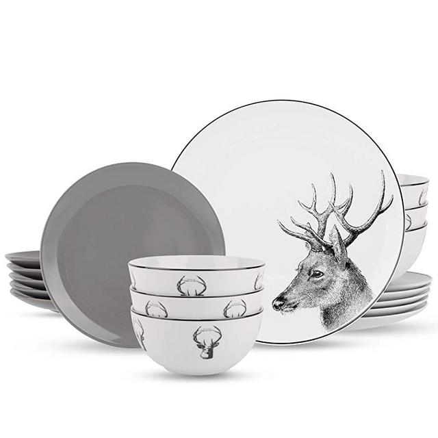 HF Hoften Plates and Bowls sets for 6, 18 Piece Dinnerware Set, 8” Grey Stoneware Coupe Plates, 10.8” Porcelain Deer Theme Round Plates & 5.7” Salad Bowls, Dishwasher & Microwave Safe, Service For 6