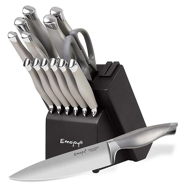 Emojoy Knife Set, 15 Pieces Kitchen Knife Set with Block Wooden, Chef Knife Set with Built-in Sharpener, German Stainless Steel Hollow Handle Knives Grey