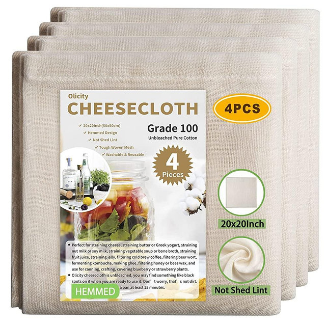 Olicity Cheese Cloth, Grade 100, 20x20Inch Hemmed Cheesecloth for Straining Reusable, 100% Unbleached Precut Cheese Cloths Strainer Muslin Cloth for Cooking, Cold Brew Filtering, Cheese Making - 4 PCS