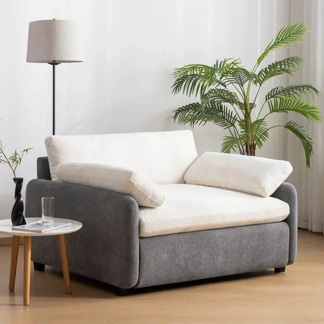 Whisen Modern Oversized Chenille Colorblock Single Sofa Chair, Wide and Deep Couch Lounge with Pillows - Gray & Cream