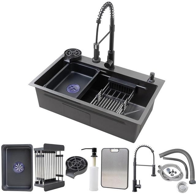29.5 x 17.7 inch Black Kitchen Sink, Single Bowl Stainless Steel Sink, Multifunctional Drop In Sink Workstation, with Spring Pull-Down Faucet and Cup Washer, Soap Dispenser
