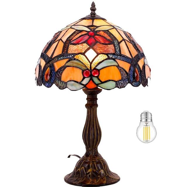 WERFACTORY Tiffany Table Lamp Orange Stained Glass Flower Liaison Style Reading Desk Bedside Light 12X12X18 Inches Decor Bedroom Living Room Home Office S617 Series