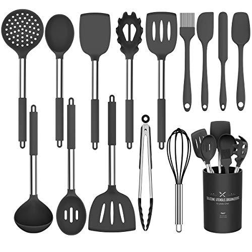 Silicone Cooking Utensil Set, Umite Chef 15pcs Silicone Cooking Kitchen Utensils Set, Non-stick Heat Resistant - Best Kitchen Cookware with Stainless Steel Handle - Black(BPA Free, Non Toxic)