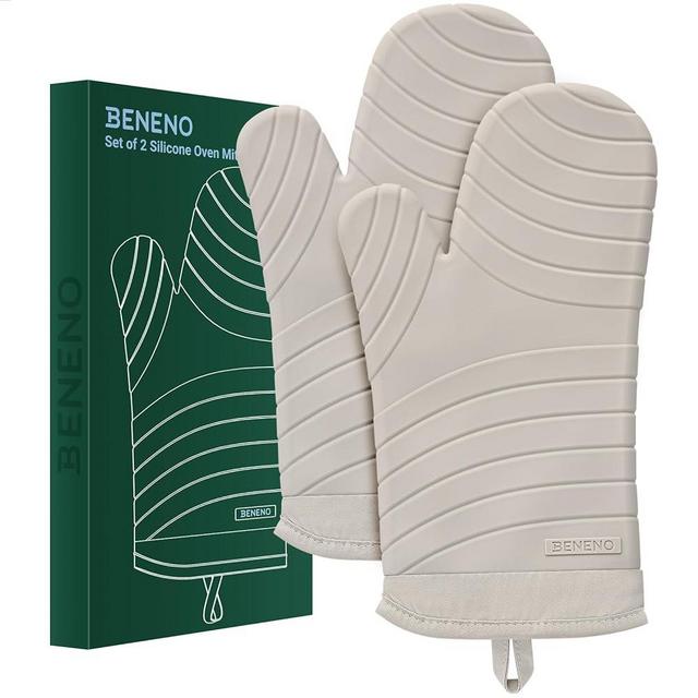 Beneno Oven Mitts, Heat Resistant BPA-Free Soft Silicone Oven Mitts 2-Pack, Waterproof Non-Slip Flexible Oven Gloves with Comfort Cotton Lining, Durable Kitchen Mitt Set for Baking Grill, 7"x13" Beige
