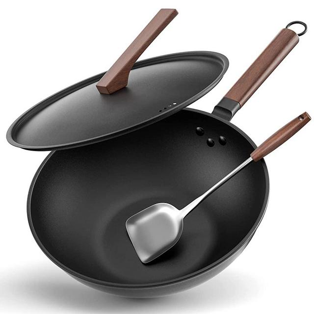 Wok Pan with Lid, Todlabe Carbon Steel Wok 13" Woks and Stir-Fry Pans with Spatula Nonstick Wok No Chemical Coated Flat Bottom Chinese Wok for Induction, Electric, Gas, Halogen, All Stoves（Black）